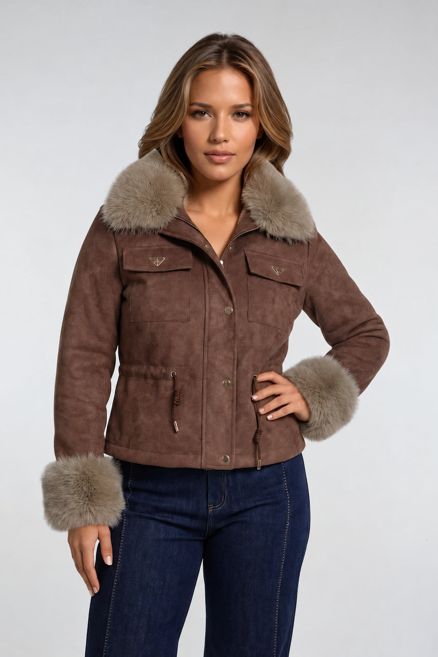 Le manteau effet suède à col en fausse fourrure Ness | N120442